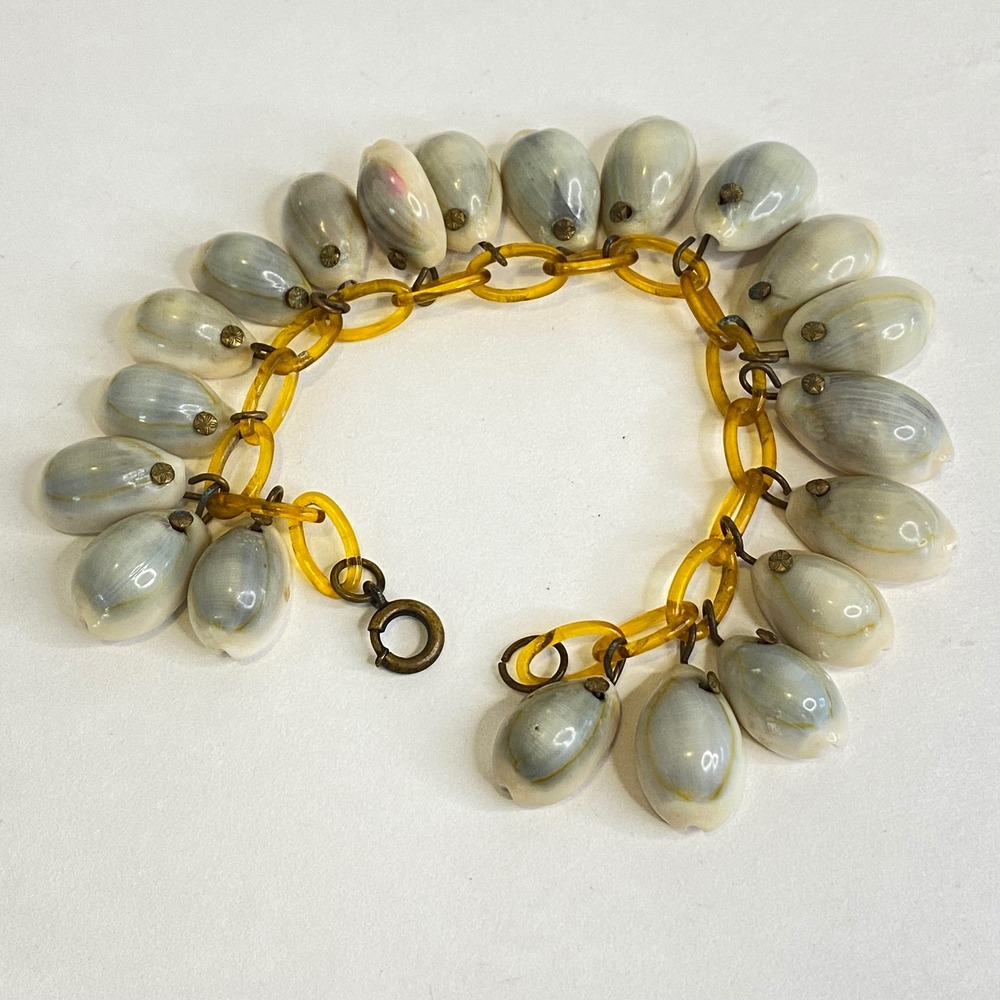 Vintage Cowrie Shell Charm Bracelet Amber Tone Celluloid Link Floral Summer 6.5"
